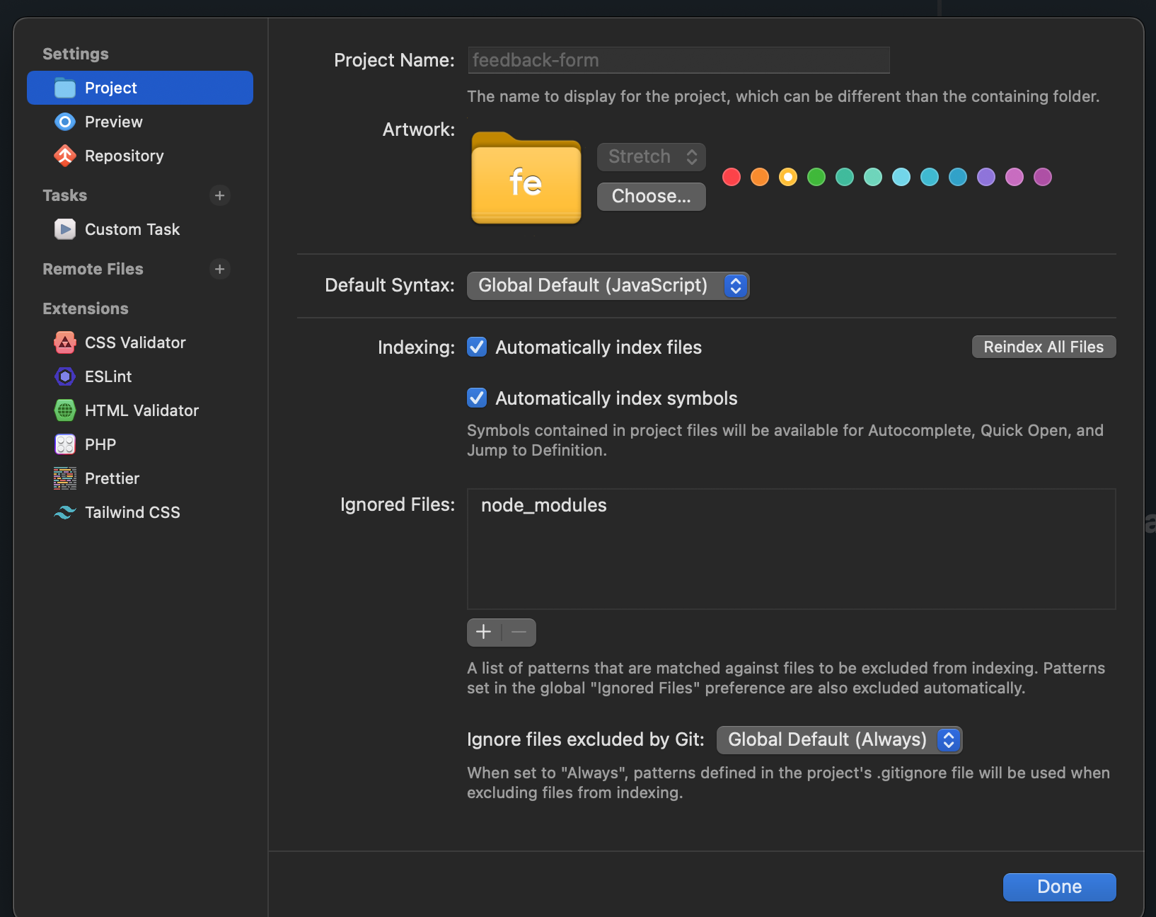 Nova Project settings screenshot